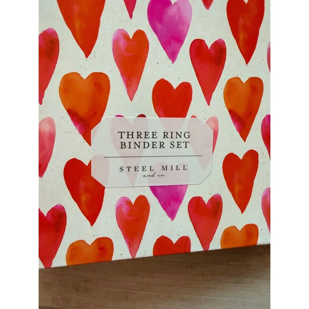 Steel Mill & Co Watercolor Heart Three-Ring Binder Set Red Pink Orange Cream